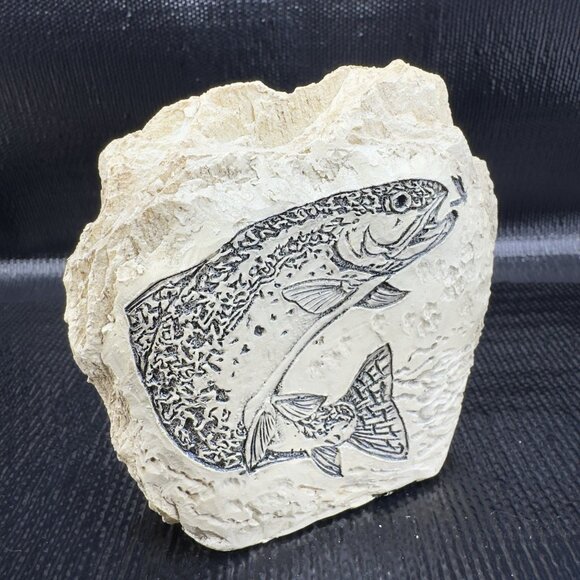 Trout Jumping Out Of The Water To Catch A Insect On Rock Style Resin Figurine - Picture 2 of 8